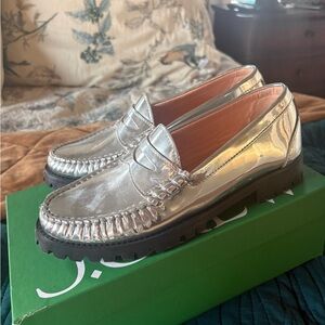 JCrew Women’s Winona Lug-Sole Penny Loafers Metallic Silver Size 9 New